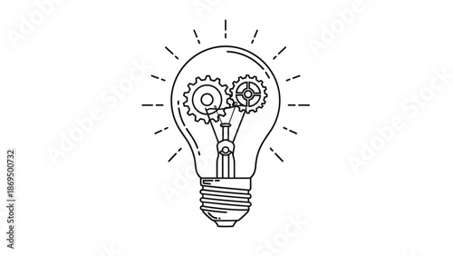 Creative idea and innovation concept represented by a glowing light bulb with interlocking gears and cogs inside the filament, line art.