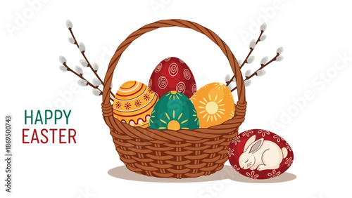 Happy Easter greeting card design with a wicker basket full of colorful painted eggs and willow branches on a white background.