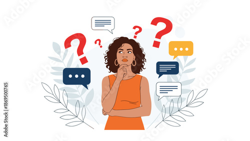 Thoughtful woman with a curious expression surrounded by question marks and speech bubbles, contemplating or making a decision.