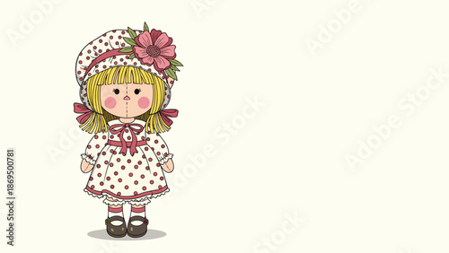 Charming vintage rag doll with blonde hair, wearing a cute polka dot dress and a bonnet decorated with a large pink flower.