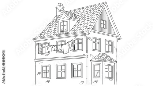 Detailed black and white line art sketch of a multi-story European style house with a tiled roof and laundry hanging out.