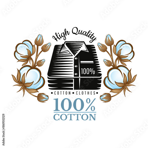 Monochrome Shirt with color cotton floral elements of seeds and leaves. Vector label of 100% Cotton Clothes Label. Tag for eco textile and natural fabric.