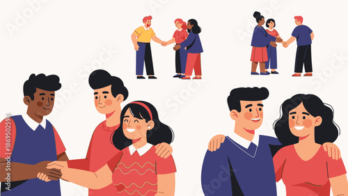 Diverse Group of People Shaking Hands and Smiling in a Friendly Gathering