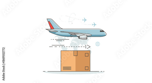 Airplane dropping package over city streets from high altitude view