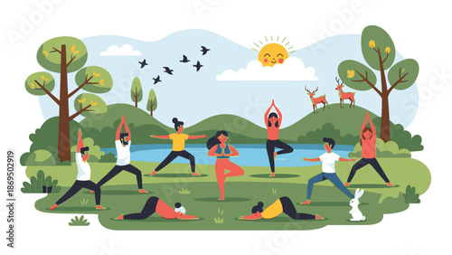 People practicing yoga outdoors in a serene natural setting by a lake under a sunny sky
