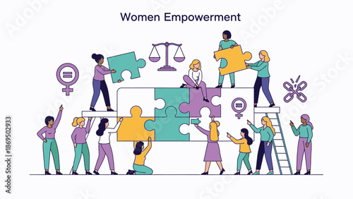 A diverse group of people collaboratively assembling a puzzle representing equality and justice.