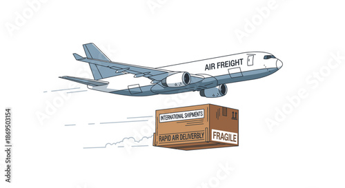 An airplane is flying over a fragile package being transported quickly overseas.