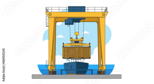 Industrial crane lifting container in a dockyard with gantry structure and cargo ship nearby