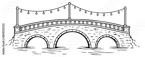 Hand drawn line art illustration of a stone arch bridge depicting string lights above for architectural design