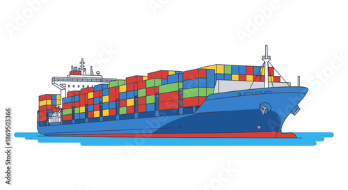 A large blue cargo ship transports colorful containers across calm waters.