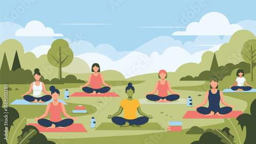 Serene outdoor yoga session with people meditating together in a peaceful landscape