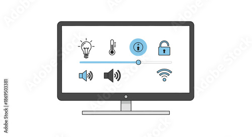 Computer monitor displaying various digital icons for security and multimedia functions