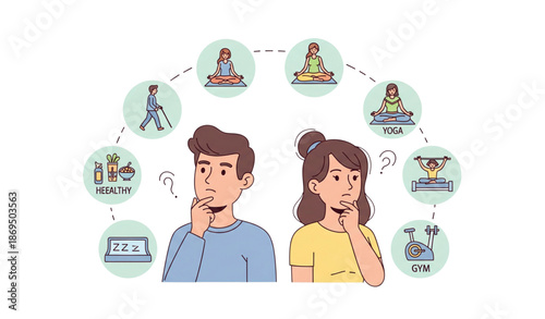Good habits and healthy routine concept with male and female characters flat doodle vector set isolated on transparent background
