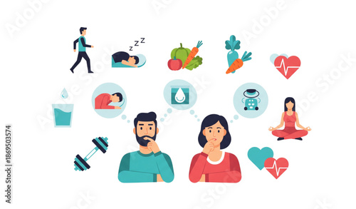 Healthy habits and wellness lifestyle concept with male and female characters flat vector illustration isolated on transparent background