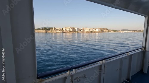 View from a boat approaching Corfu Town, Greece