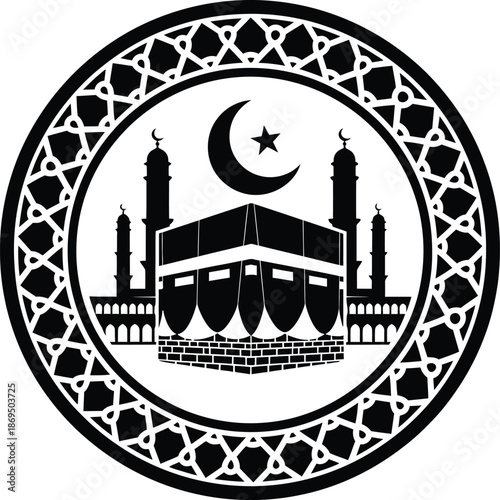 Holy Kaaba in Mecca vector illustration for Hajj and Umrah pilgrimage with crescent moon and islamic pattern.