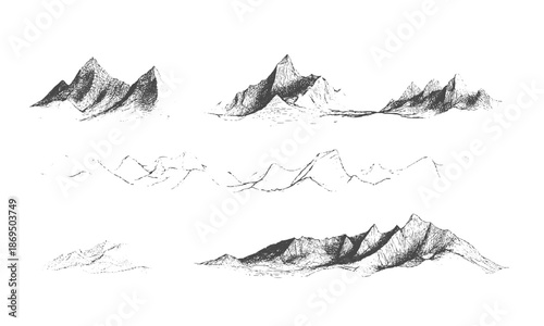 Abstract stippled mountain hills silhouette with grunge noise, Grainy dotted mountain chain in black and white style