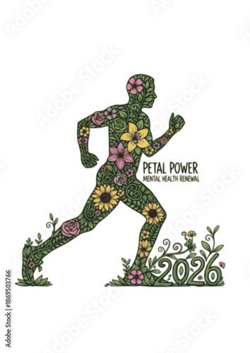 Petal Power Mental Health Renewal Silhouette. Runner with Floral Motifs for 2026 Wellness, Burnout Recovery and Organic Growth Concept Vector.