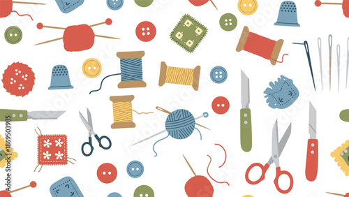 Seamless pattern of colorful sewing accessories and tools on a white background viewed from directly above