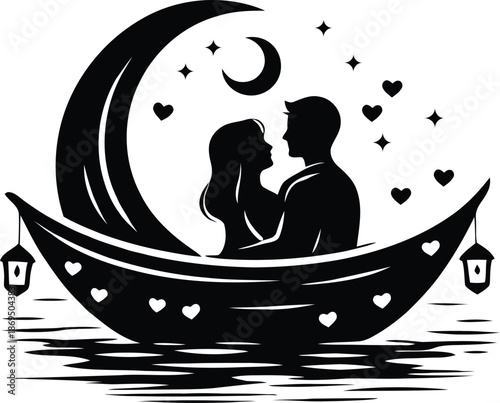Romantic couple sitting on crescent moon shaped boat with hearts and stars vector illustration.