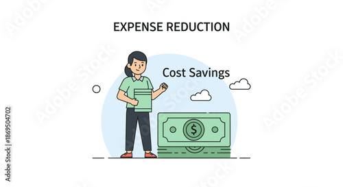 Woman holding tablet with money and clouds illustrating expense reduction and cost savings concept
