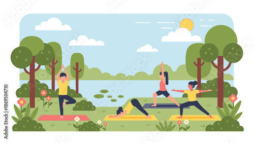 Serene outdoor yoga practice by the lake with trees and flowers surrounding the practitioners in a peaceful landscape view
