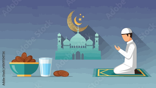 Devout prayer scene inside a mosque with dates and water for Ramadan ritual and devotion.