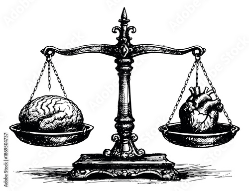 Hand drawn line art illustration of a balance scale depicting a brain and a heart in equilibrium for concepts of logic and emotion