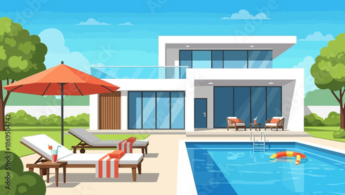 Modern luxury villa with an outdoor pool, lounge area, and contemporary architecture by a stylish glass facade.