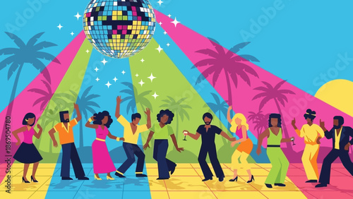 Group of people dancing and celebrating at a colorful tropical party under a disco ball.