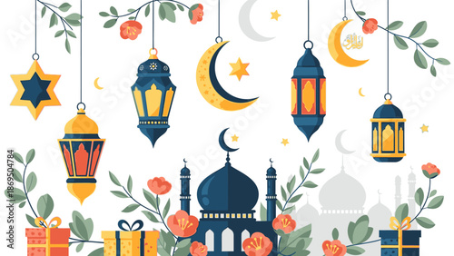 Celebratory Islamic lanterns and gifts suspended amidst floral decorations and celestial bodies over a mosque during Eid