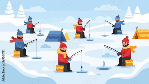 Team of Adventurers Ice Fishing and Camping on Snowy Winter Landscape.