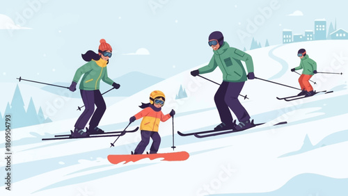 Family and friends enjoy a playful winter day on snowy slopes.