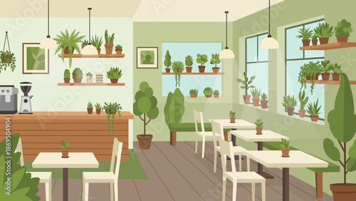 Cozy cafe interior with abundant greenery, wooden furniture and bright natural light.