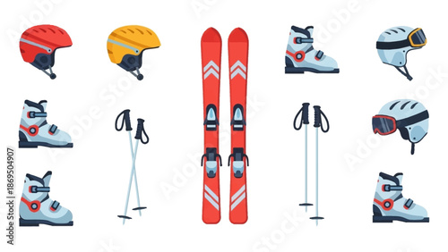Snow sports gear and equipment arranged around skis and poles for action.