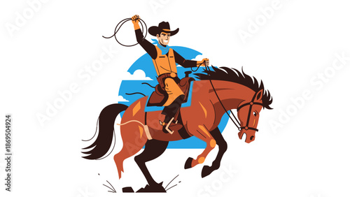 Digital illustration of a cowboy riding a galloping horse with a lasso.