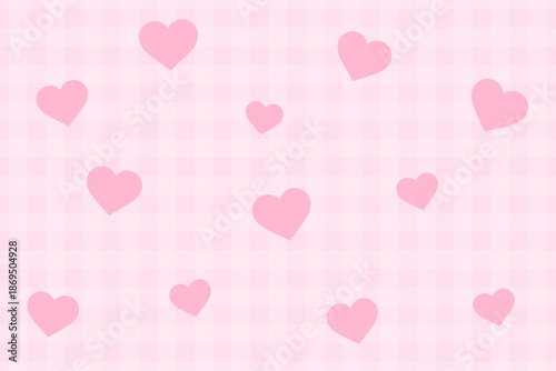 ピンクのチェック柄と白いハートが散りばめられた可愛い背景素材