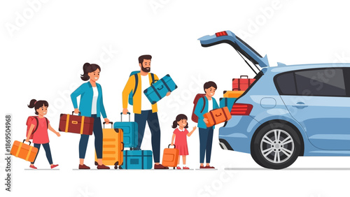 Family travelers packing luggage and loading a car for a road trip outdoor scene.