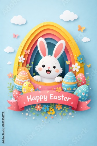 Cheerful Easter Bunny with Colorful Eggs and Rainbow Background
