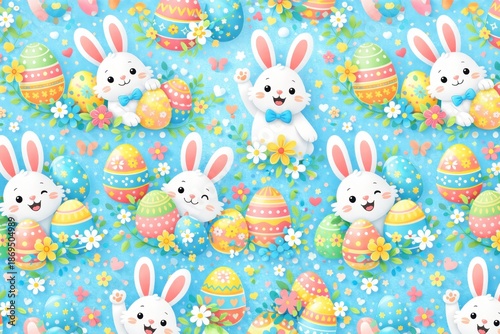 Whimsical Easter Bunny Pattern with Colorful Eggs and Flowers