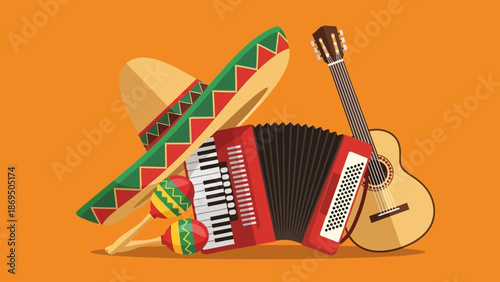 Colorful collection of musical instruments including guitar accordion and maracas on bright orange background.