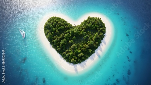 Aerial view of heart-shaped tropical island with lush greenery