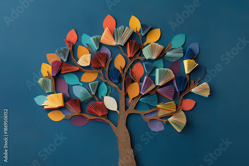 a tree of life made from books, with leaves in different colors and shades of blue, brown, green, yellow, and orange