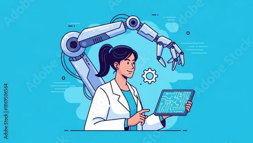 Female Scientist Working with Robot Arm and Digital Tablet in Laboratory, Illustration Style