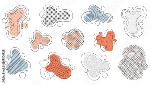 Set of abstract liquid shapes with various textures like dots, lines, and grids, outlined in a hand-drawn, fluid amoeba-like style.