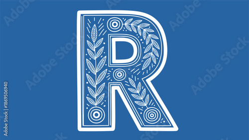 Intricately decorated capital letter R with elegant floral and geometric patterns in white line art on a solid blue background.