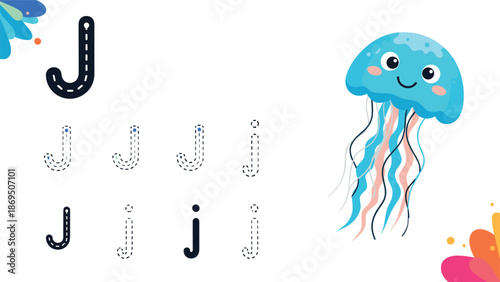 Children's educational worksheet for learning to write and trace the letter J, featuring a cute cartoon jellyfish illustration.