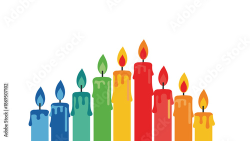 Simple and colorful flat design illustration of a row of nine brightly colored, melting candles with glowing flames for celebrations.