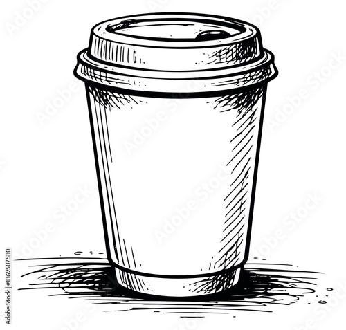 Hand drawn line art illustration of a disposable coffee cup depicting a hot drink container for cafes or takeaways
