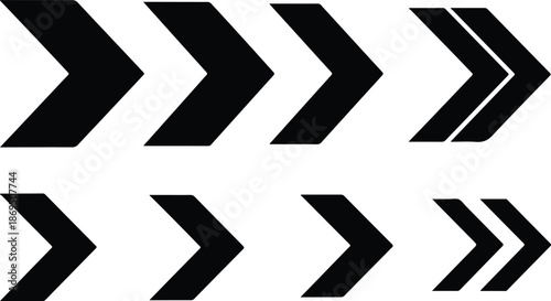 Collection of black and white arrows pointing to the right for directional signage and navigation in traffic and information systems